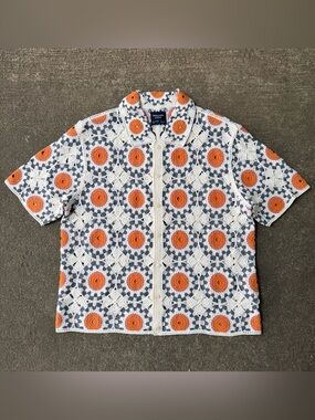 Abercrombie Fitch Crochet Knit Polo Button Through Shirt Lrg Granny Square Boho